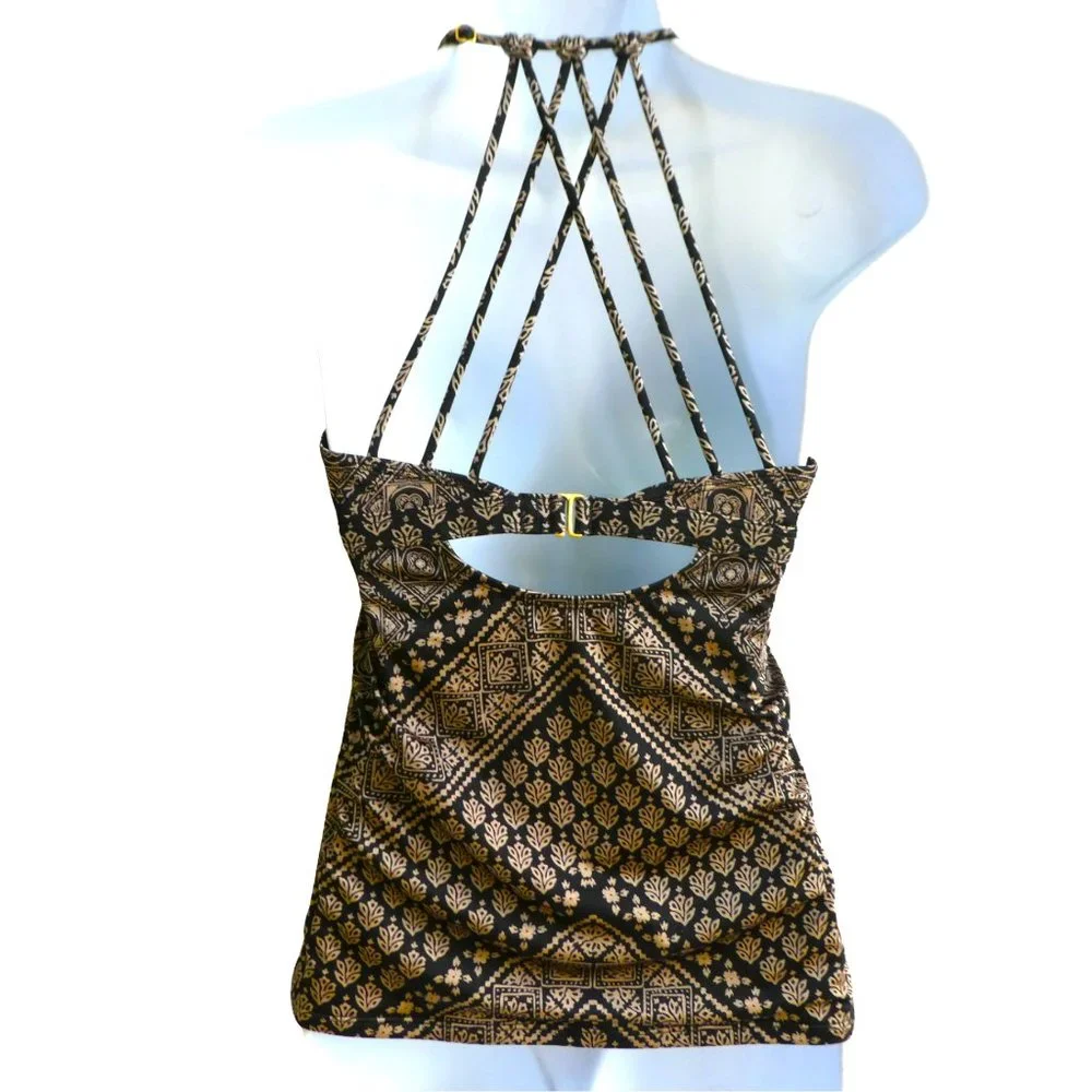 Athleta Swim Top Tankini Molded Cups Strappy Black Tan Mosaic Adj Straps S